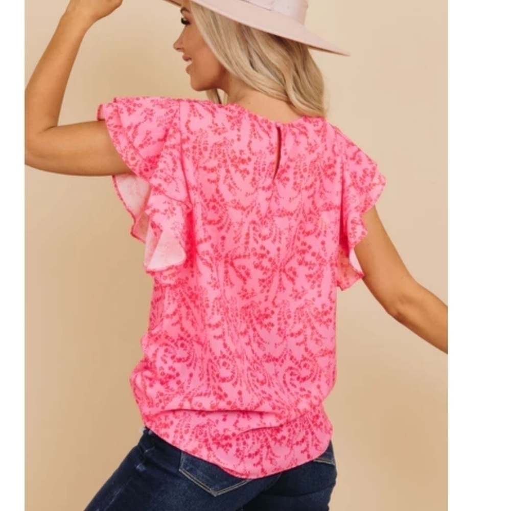 NWOT Pink Ruffled Sleeve Top Size  XLARGE - Picture 2 of 11